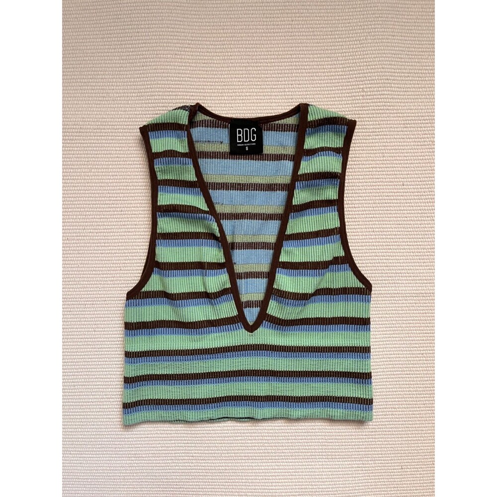 BDG Stripe Seamless Plunge Neck Crop Top in Green/Blue/Brown Size SMALL